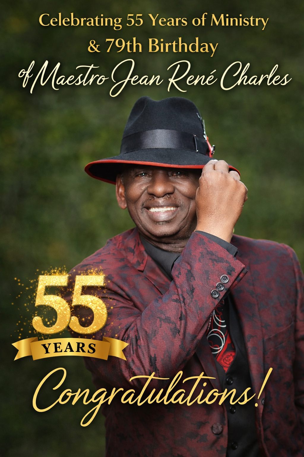 55 Years of Ministry and 79th Birthday event poster for Maestro Jean René Charles